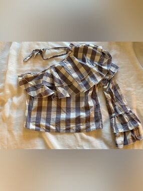 Walter Baker Diana One Shoulder Gingham Ruffle Top Taupe Size S